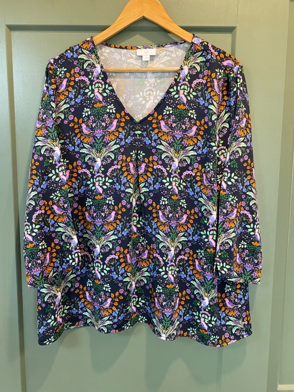 J. Jill Black V-Neck Top with Multicolor Floral Pattern